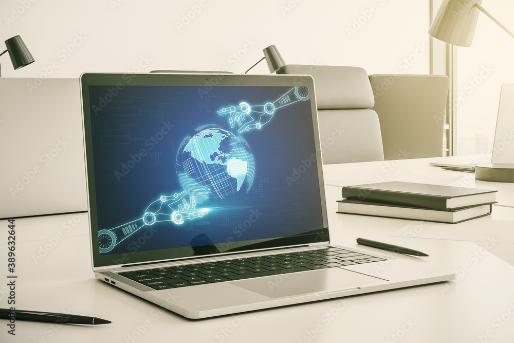 Poster creative abstract robotics technology hologram with globe on modern computer monitor, artificial int