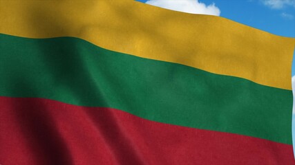 Lithuania flag waving in the wind, blue sky background. 3d rendering