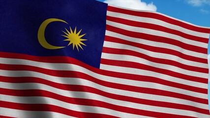 Malaysia flag waving in the wind, blue sky background. 3d rendering
