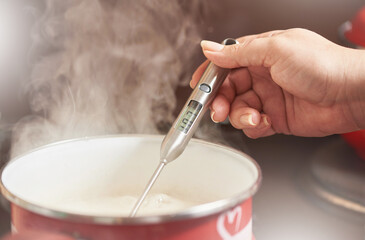 Female hand measures the temperature in the pan with an electronic cooking thermometer