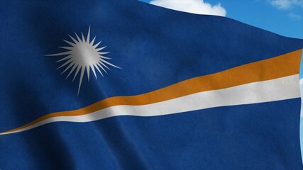 Marshall Islands flag waving in the wind, blue sky background. 3d rendering