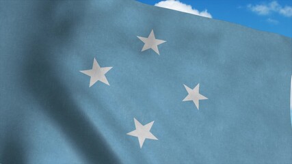 Micronesia flag on a flagpole waving in the wind, blue sky background. 3d rendering