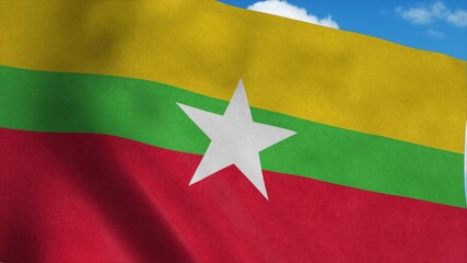 Naklejka premium Myanmar flag on a flagpole waving in the wind, blue sky background. 3d rendering
