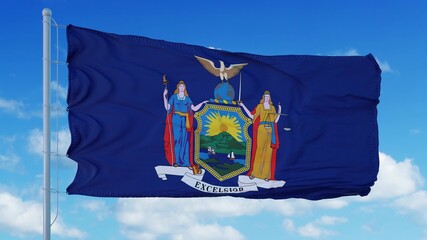 New York flag on a flagpole waving in the wind, blue sky background. 3d rendering