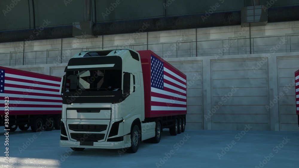 Wall mural Semi-trailer trucks load or unload at warehouse bays with flag of the USA. 3d rendering