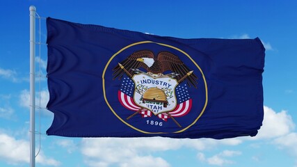 Utah flag on a flagpole waving in the wind, blue sky background. 3d rendering