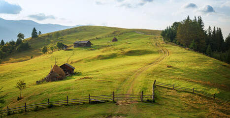 Scenic panoramic landscape with country road going uphill through pasture with traditional hay stacks in remote countryside of Ukrainian Carpathians