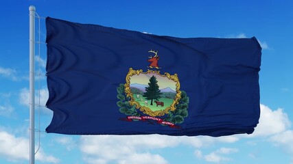 Vermont flag on a flagpole waving in the wind, blue sky background. 3d rendering