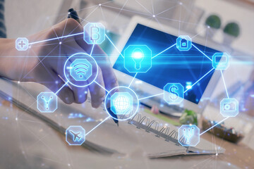 Social network theme hologram over woman's hands writing background. Concept of international people connect. Double exposure