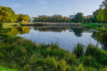 Landscape with autumn park in the sunny day. Yellow and green trees are displayed with reflection on the lake.