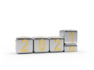 Silver dice with number 2020 changing to 2021 isolated on white background. 3D illustration