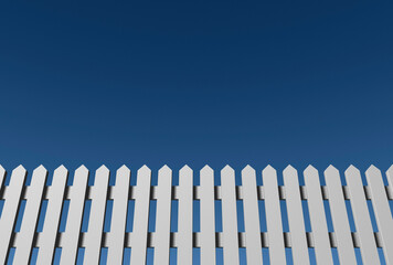 White painted wooden fence against a clear blue sky. 3D illustration.