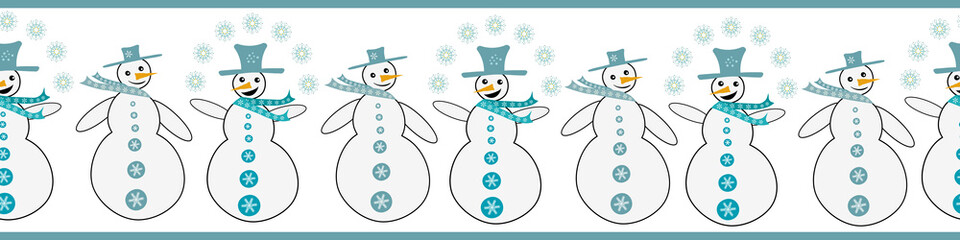 Snowmen juggling snowflakes seamless vector border. Fun banner with snowmen dressed in blue hats and scarves, smiling and laughing. Hand drawn happy illustration for winter concept ribbon, edging