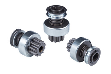 set of three car starter Drives, Bendix. Starter detail isolated on a white background close-up. Spare parts.