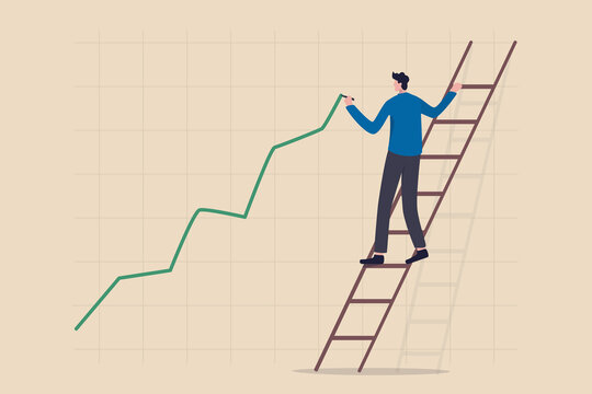 Stock price growth, asset price soaring or rising up, bullish stock market or economic recovery concept, confident businessman trader climbing up ladder to draw green rising up investment line graph.