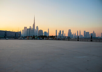 View of a Dubai city skyline during sunset hour. UAE.