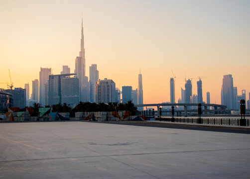 View Of A Dubai City Skyline During Sunset Hour. UAE.