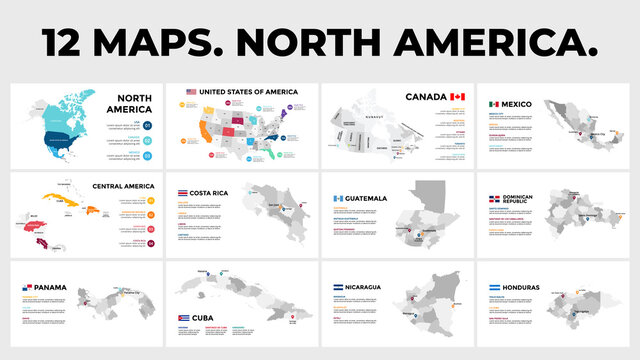 North and Central America vector map infographics. USA, Canada, Mexico. 12 slide presentation templates. World transportation geography data. Global business marketing concept. 