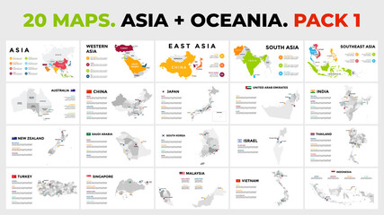 Asia plus Oceania. 20 vector maps. Infographic template for business presentation. Includes Australia, India, New Zealand, Japan, China, UAE etc. All countries divided into regions and with flags.