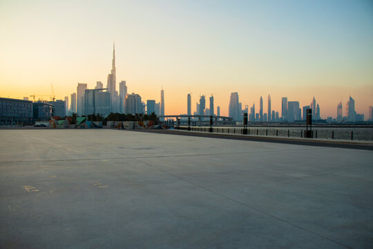 View Of A Dubai City Skyline During Sunset Hour. UAE.