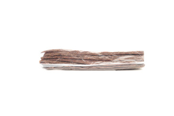 Packaging Dried beef meat sliced on stick, beer snack isolated on white background