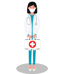 Doctor woman stands in full growth in a mask and holds a first-aid kit in her hands on white background. Vector illustration