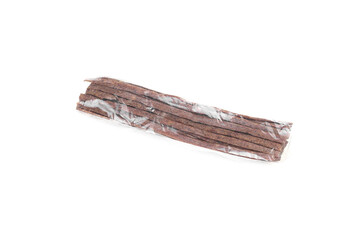 Packaging Dried beef meat sliced on stick, beer snack isolated on white background