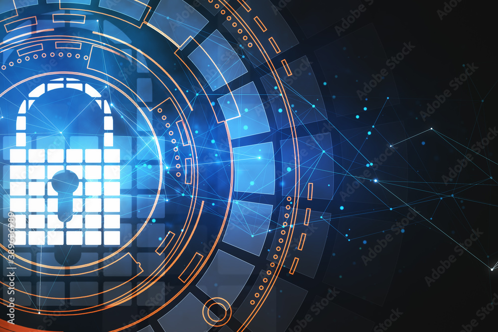 Poster glowing padlock and circuit background.