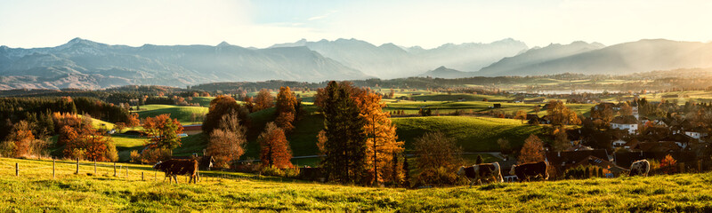 rural landscape Aidling in autumn, evening mood with view to mountain range bavaria