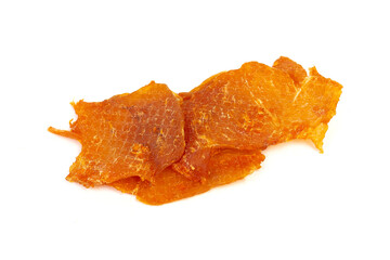 Fototapeta premium Chicken jerky. dried chicken meat isolated on white background. Beer snack