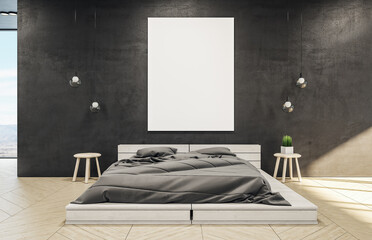 Clean bedroom interior with wooden bed
