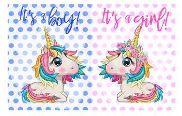 Baby Shower Greeting Card with cute Cartoon Unicorn girl and boy