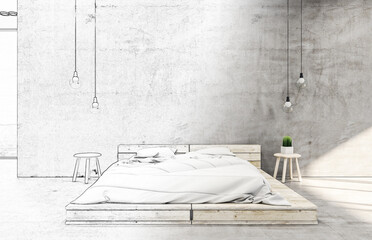 Drawing bedroom interior with bed
