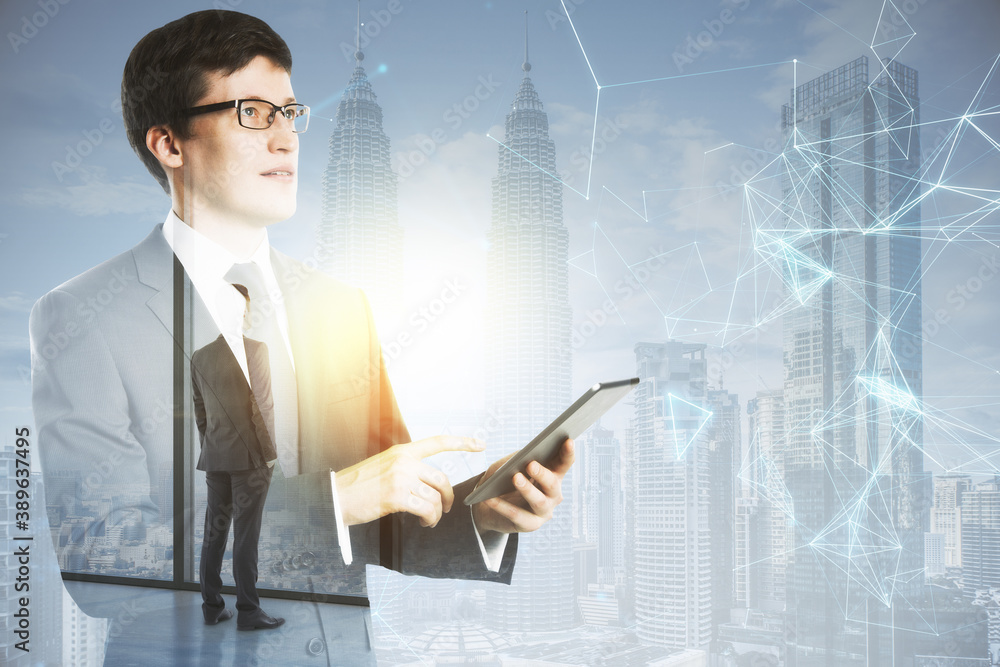 Poster businessman using tablet with abstract polygonal interface