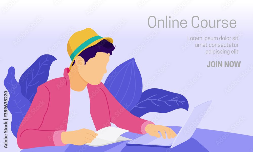 Poster flat vector illustration of a laptop user accessing online education while reading book. suitable fo