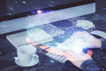 Double exposure of tech drawings with hands working on computer background. Concept of innovation.