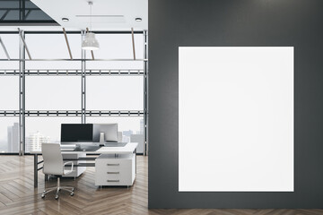 Office interior with blank billboard on wall