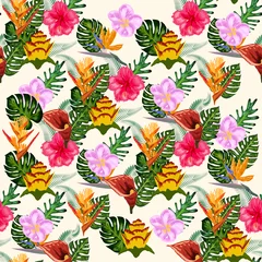  Seamless tropical pattern with palm, monstera leaves and many flowers of hibiscus, sterlitz, tropical © MichiruKayo