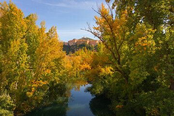 Cuenca old town view from river Jucar in a colourful autumn day, Castilla La Mancha, Spain, Europe