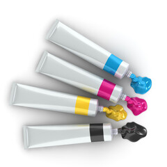 Squeezed aluminum tubes with CMYK colors isolated on white background. 3D illustration.