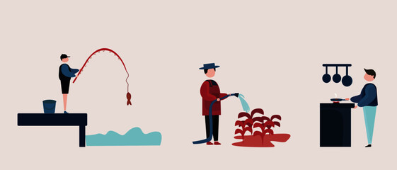 set of simple illustrations of men doing hobbies, watering the plants, fishing, cooking