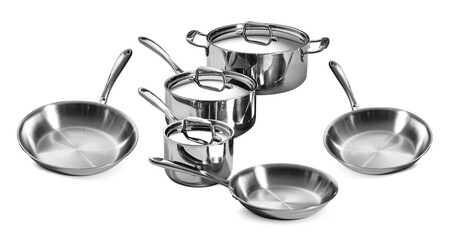 Stainless steel pots and pans isolated on white