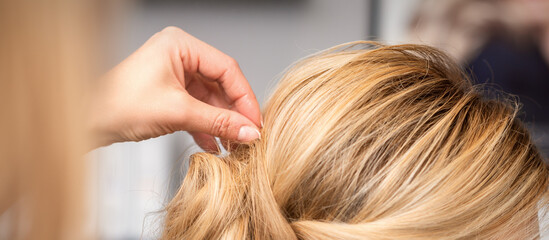 Naklejka premium Close up back view of hand of female hairdresser makes hairstyle of young blonde woman in beauty salon