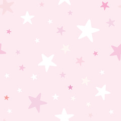 Cute baby girl nursery seamless pattern with white stars on pink background. Perfect for fabric, textile, nursery decoration, baby shower. Surface pattern design.