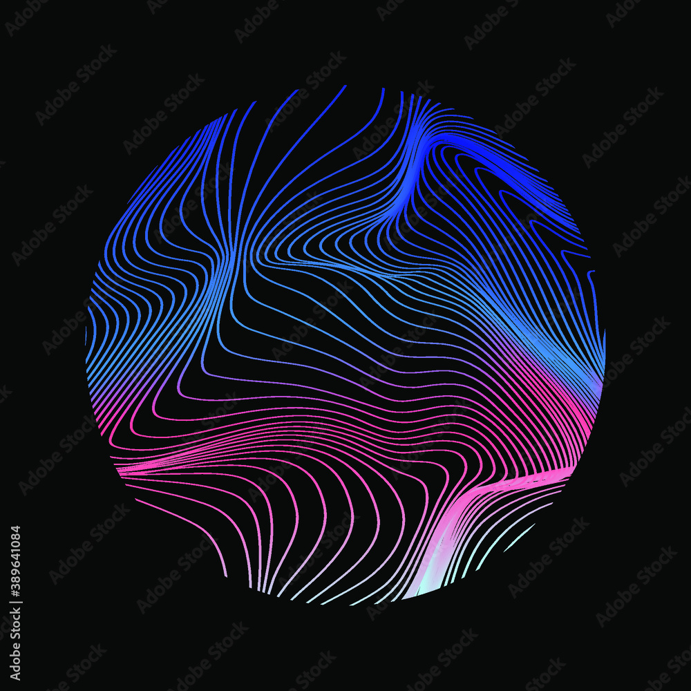 Poster Sphere with glitchy and distorted surface of lines on dark background. Abstract technology illustration.