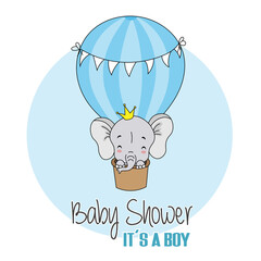 baby boy shower card. Elephant flying in balloon