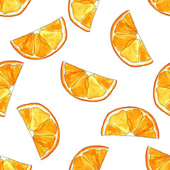 De ene helft van een sinaasappel op een witte achtergrond. naadloze patroon van aquarel illustratie van fel oranje sinaasappelschijfjes voor ontwerpsjabloon