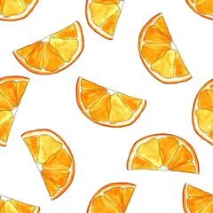 Behang Aquarel fruit De ene helft van een sinaasappel op een witte achtergrond. naadloze patroon van aquarel illustratie van fel oranje sinaasappelschijfjes voor ontwerpsjabloon