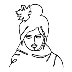 Minimal monoline girl in a scarf portrait. Autumn feelings, botanical details. Trendy continuous line illustration. Ideal poster for fashionable interior. 
