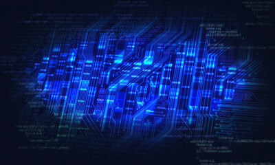 abstract data analysis illustration with blue indicators on circuit board and dark binary background, software for data analysis concept